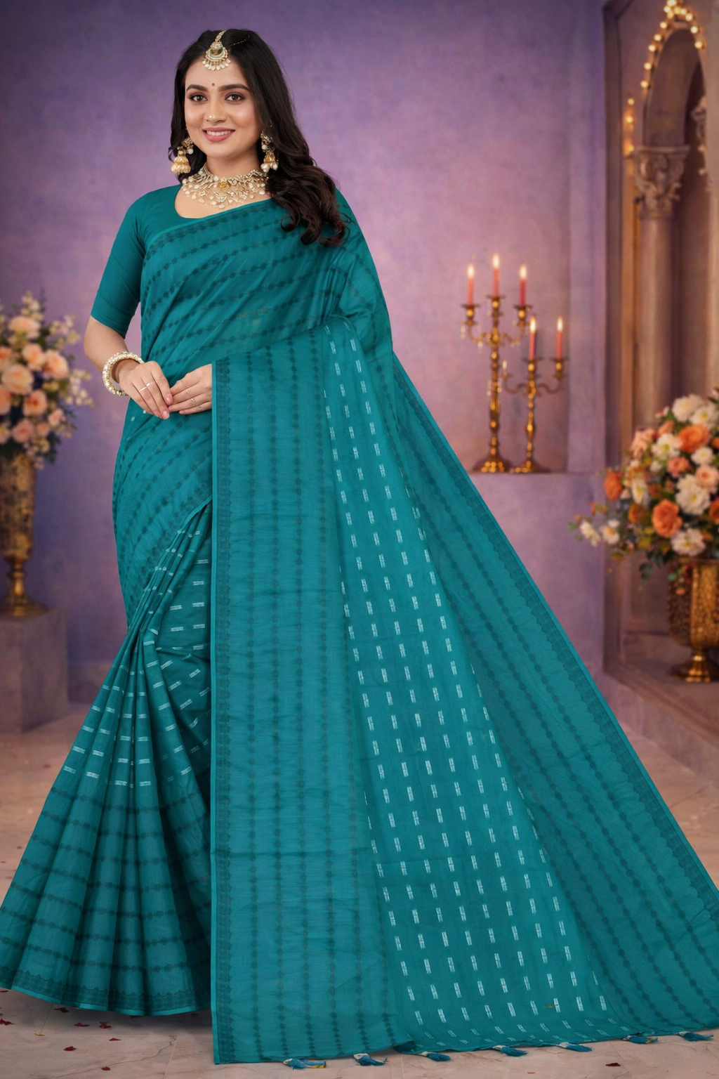 Domestic Embroidery Printed Saree