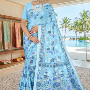 Shrimayee Sky Blue Floral Printed Cotton Saree – Elegant Traditional Wear