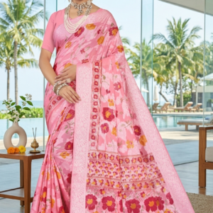 Shrimayee Pink Floral Printed Cotton Saree – Elegant Traditional Wear