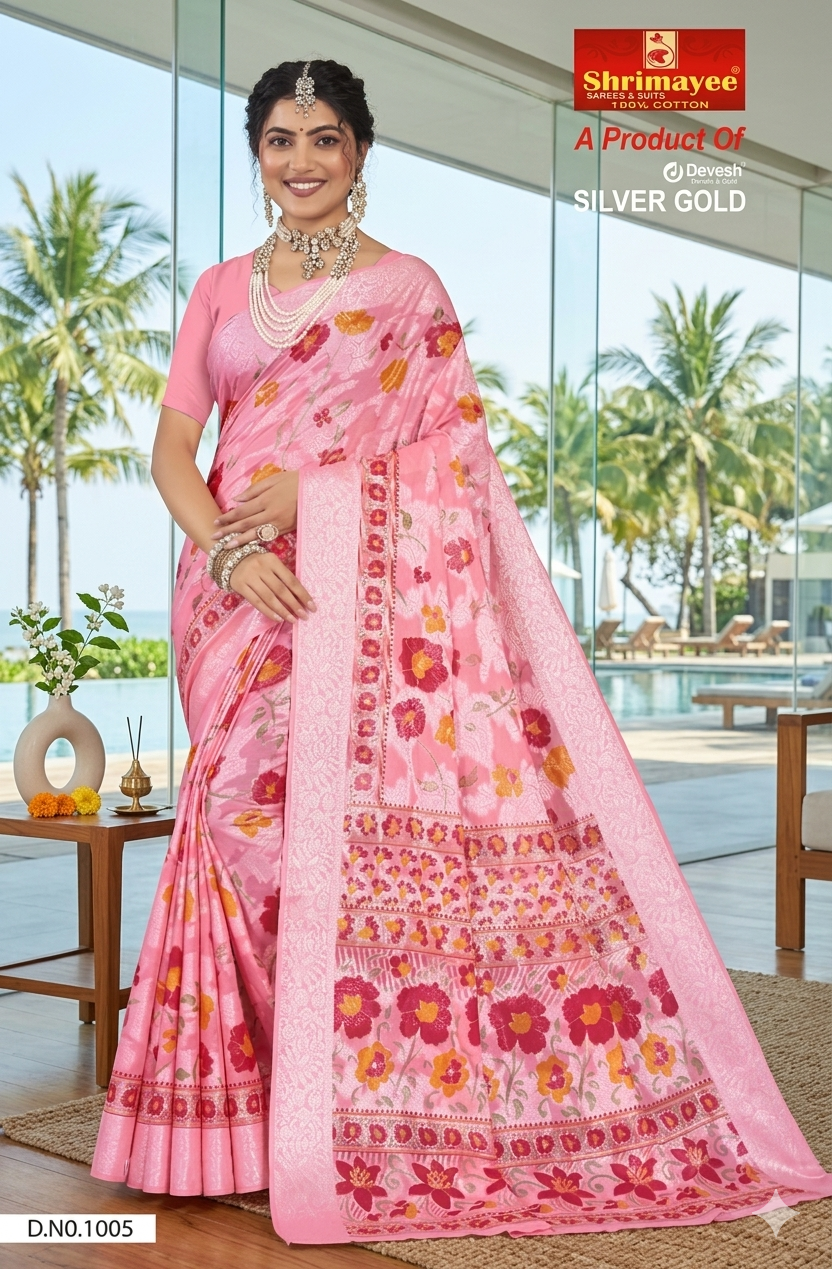 Shrimayee Pink Floral Printed Cotton Saree – Elegant Traditional Wear