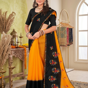 Shrimayee Black & Mustard Embroidered Saree – Elegant Party Wear