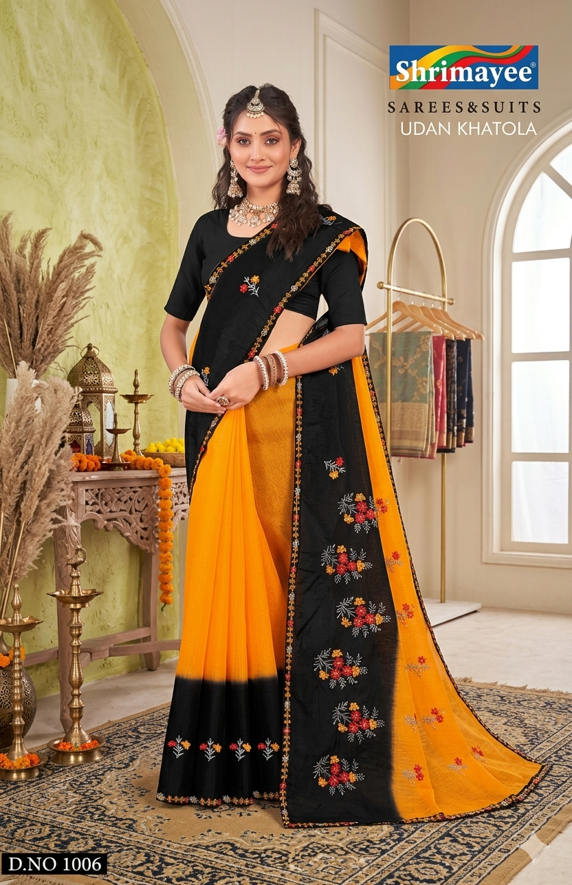 Shrimayee Black & Mustard Embroidered Saree – Elegant Party Wear - Image 4